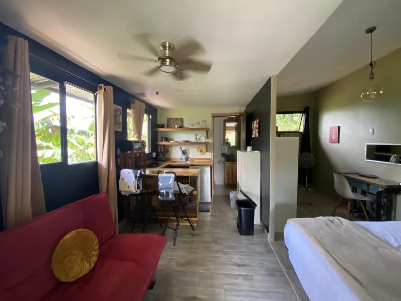 The Container Home’s open-plan studio — red sofa, breakfast bar, and the bed beyond