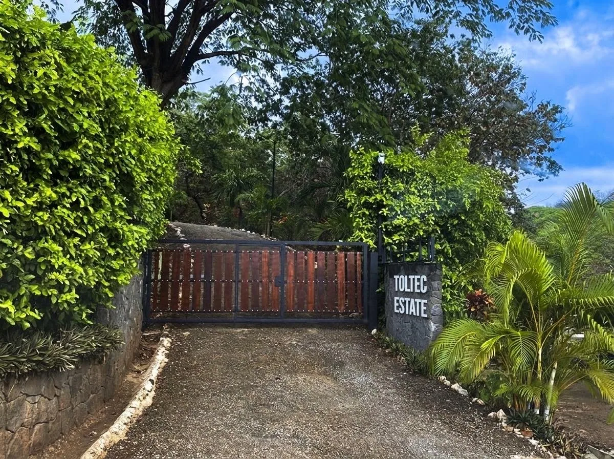 Le portail de Toltec Estate — portail en bois et pilier de pierre à l'entrée de l'allée