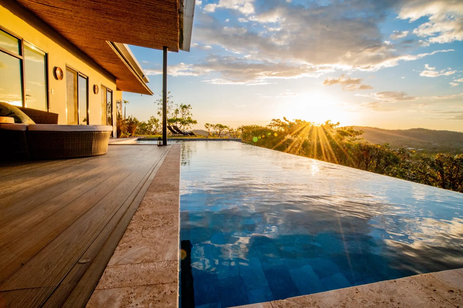 A pool on the estate at dusk