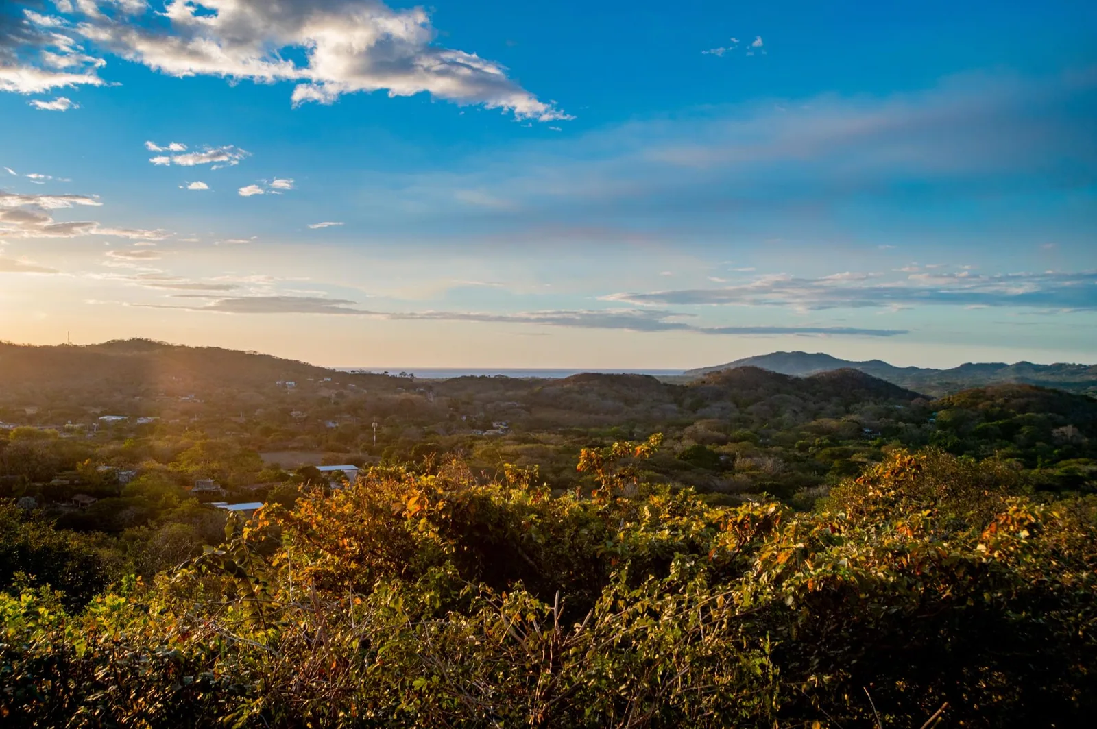 La vue depuis le domaine — des collines vertes qui descendent vers le Pacifique sous un ciel du soir