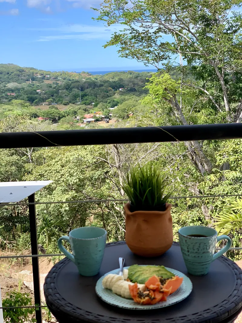 Breakfast on the balcony at Villa Alegria — coffee and fresh fruit above the treetops, with the ocean on the horizon