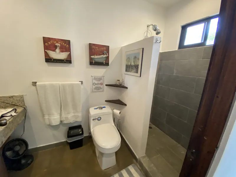 The bathroom at Villa Luna, a walk-in tiled shower beside the toilet with fresh towels