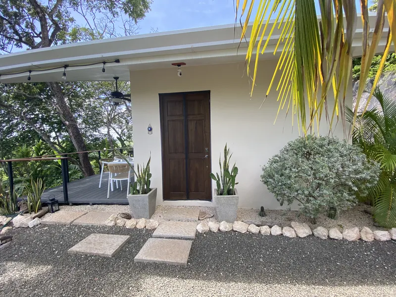 The front entrance to Villa Lunax, a teak door framed by potted plants and stone paving
