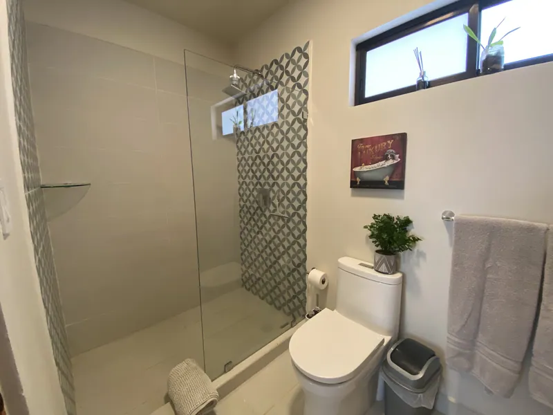 The walk-in glass shower and patterned feature wall in the first bathroom at Villa Lunax