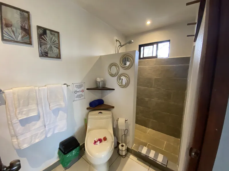 The main-floor bathroom at Villa Sol with its tiled walk-in shower